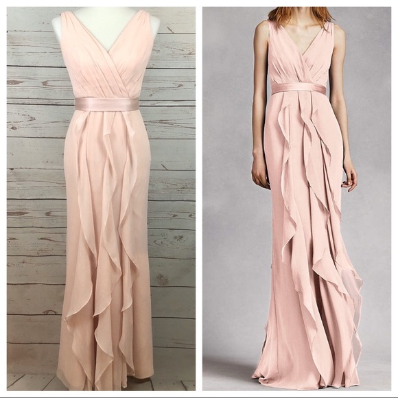Vera Wang Blush Chiffon Formal V Neck Flange Maxi Bridesmaids Bridal Dress - Picture 2 of 9